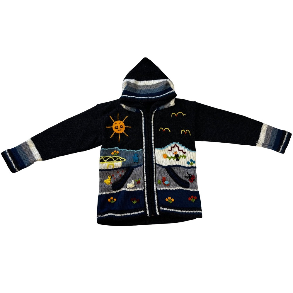 Inca's Inc Kids 100% Wool Knit Hooded Sweater Jacket Peru Landscape Scene READ